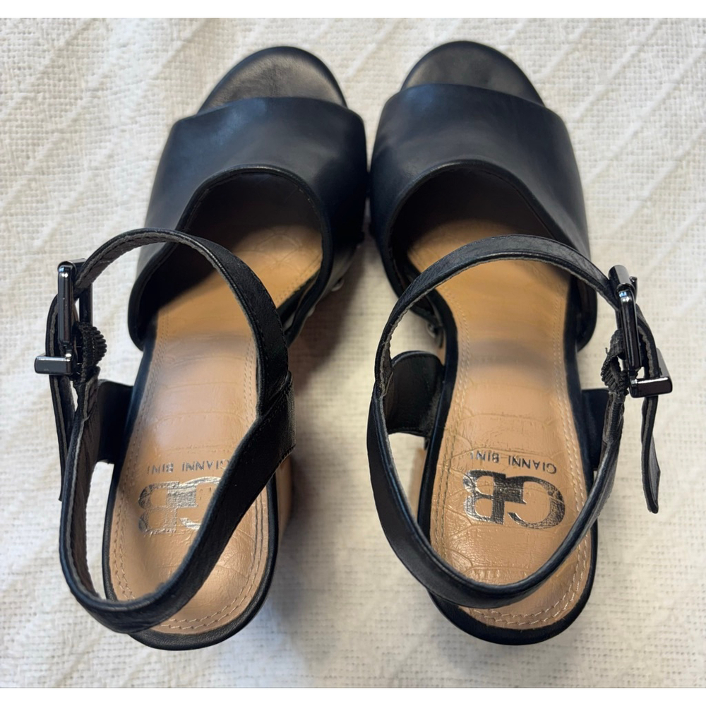 Black Leather Platform Sandals with Wooden Heel - Picture 5 of 9